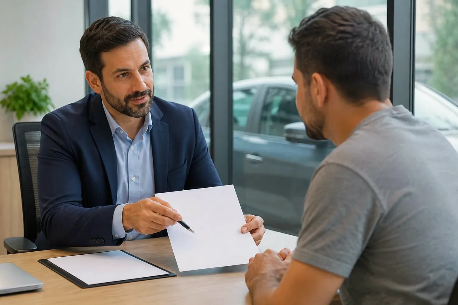 Profissional discutindo recurso de multa com cliente.