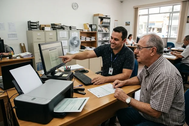 Profissional orientando cliente sobre a impressão do CRLV-e em Piracicaba.