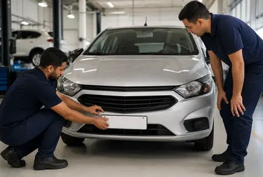 Profissional orientando cliente sobre o 1º emplacamento de veículo.