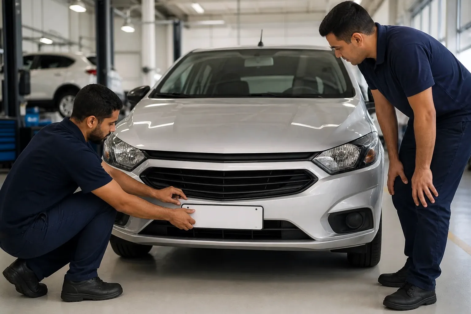 Profissional orientando cliente sobre o 1º emplacamento de veículo.